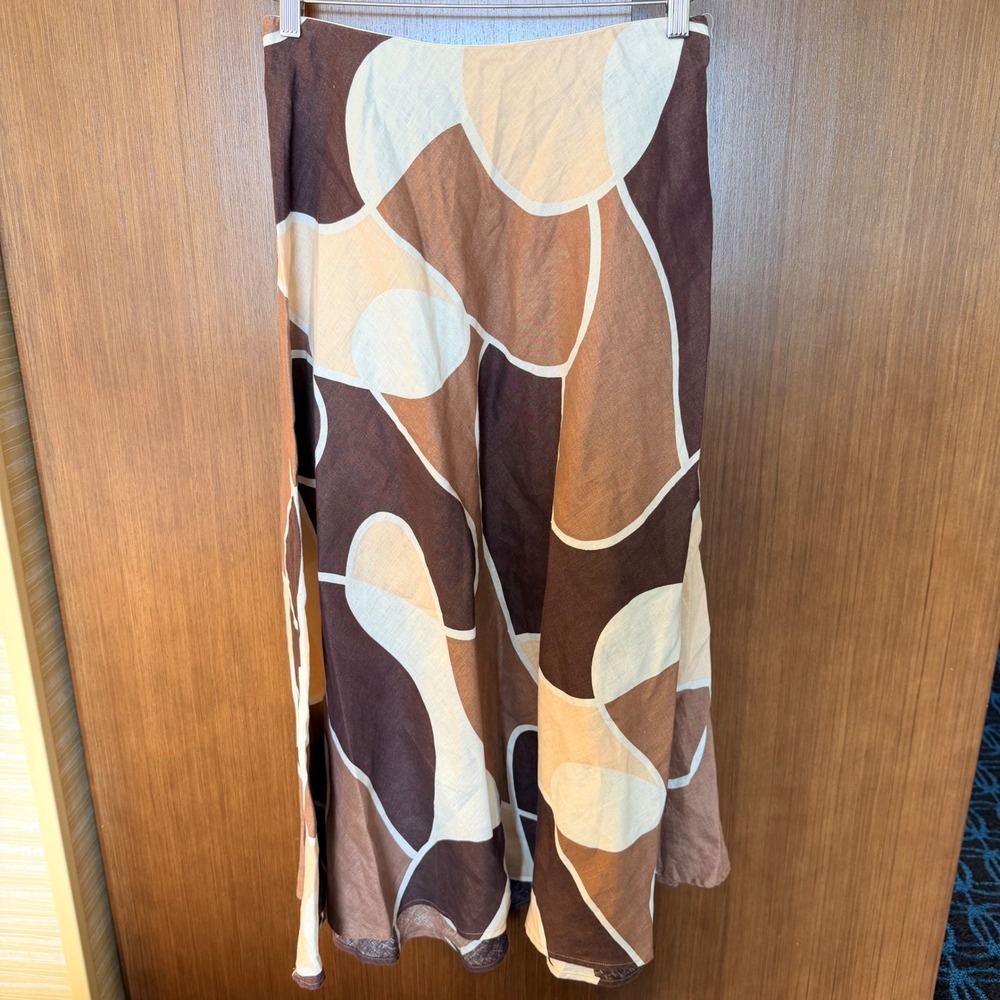 Seed Heritage Brown Abstract 100% Linen Midi Skirt Womens Size 10 Boho Chic